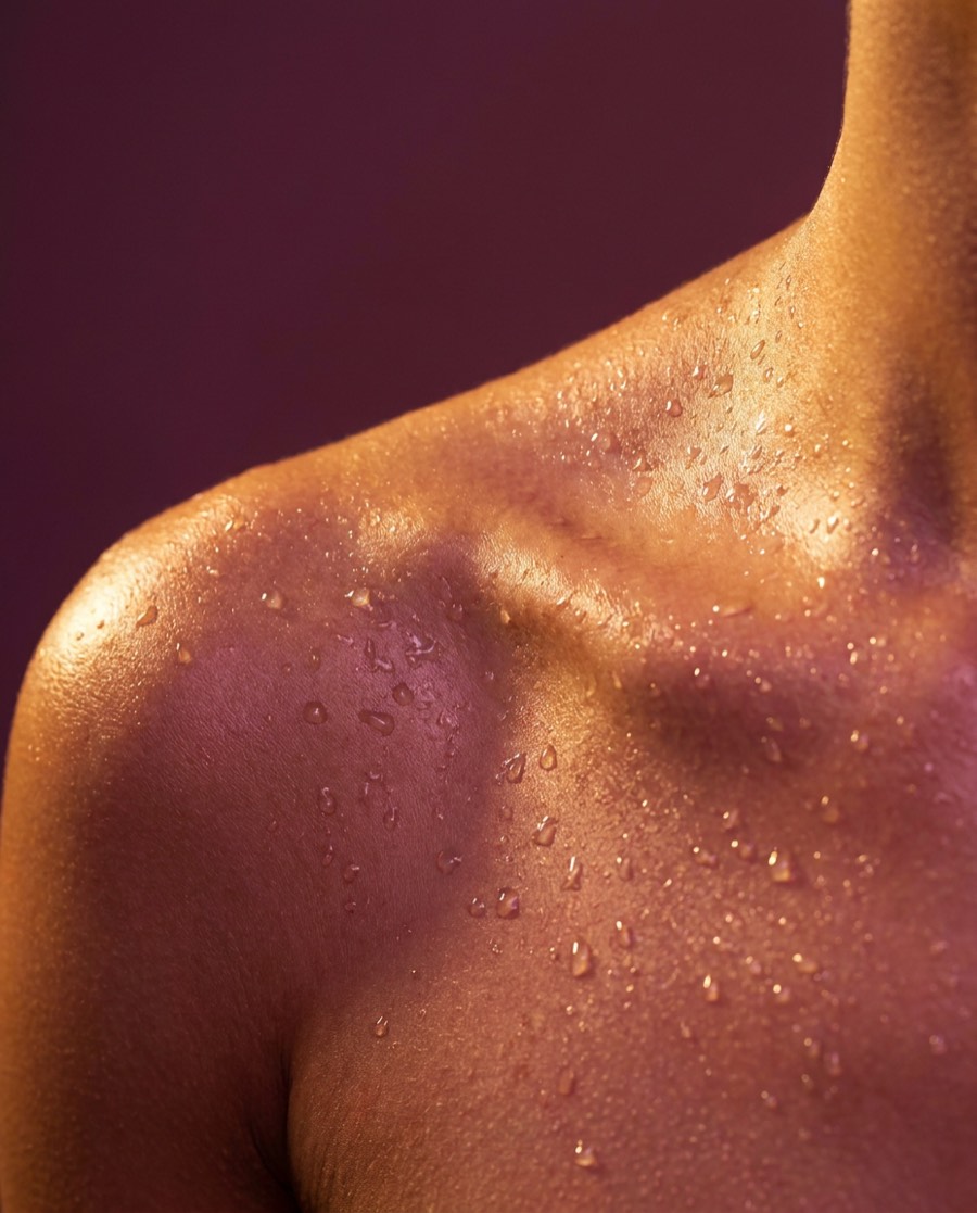 Luminous dewy skin catching golden light