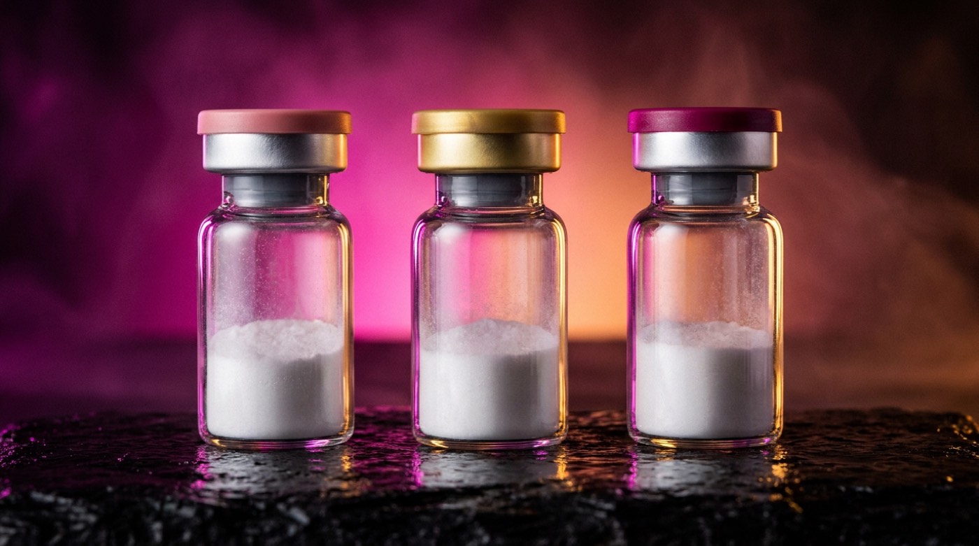 Three sealed peptide vials backlit in magenta and amber